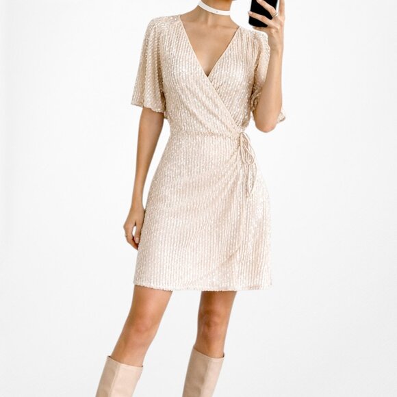 Zara Dresses & Skirts - Zara Off White Cream Ruffle Short Sleeve Wrap Flared Sequin Mini Dress Size M/L